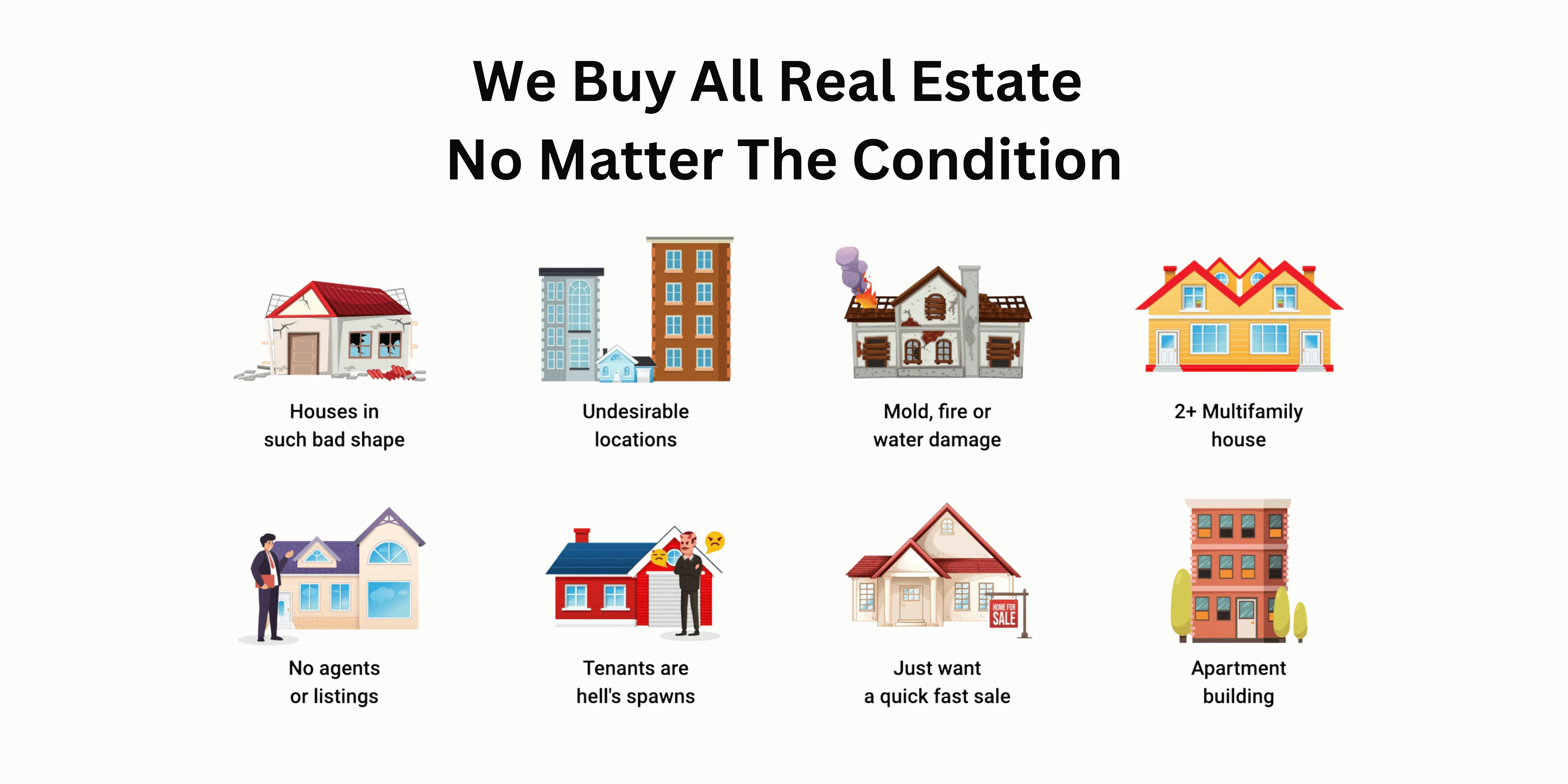 We Buy Houses in Any Condition A collection of houses in varying conditions, from newly renovated to fixer-uppers, representing homes bought as-is.